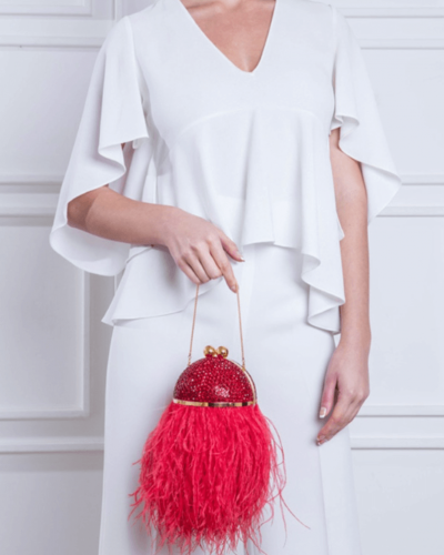 Marzook Mini Crystal Orb Red Bag with Feathers.