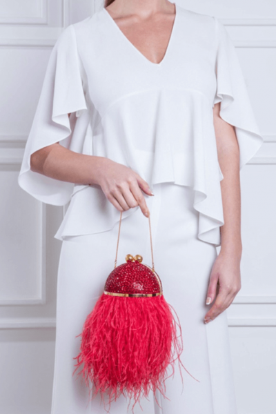 Marzook Mini Crystal Orb Red Bag with Feathers.