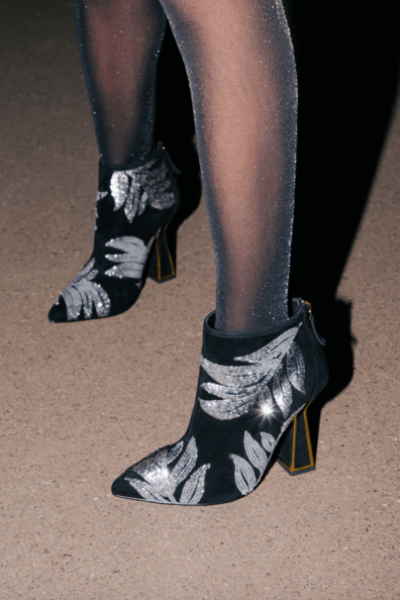 Kat Maconie black Lucie boots with silver sequin leaf detail and gold-coloured metal heel detail.