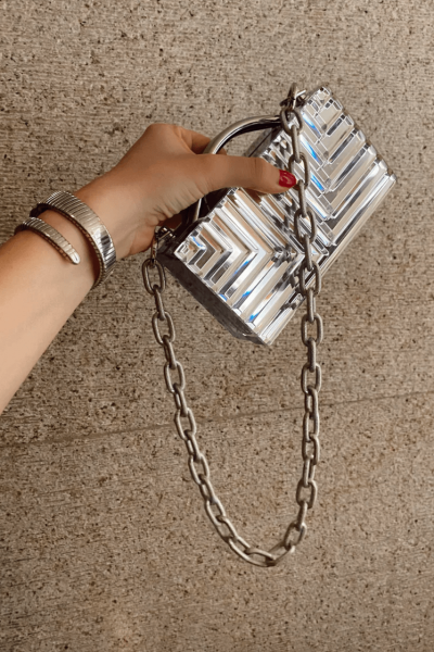 L'Afshar ELLE bag IN SILVER MIRROR WITH CHAIN.
