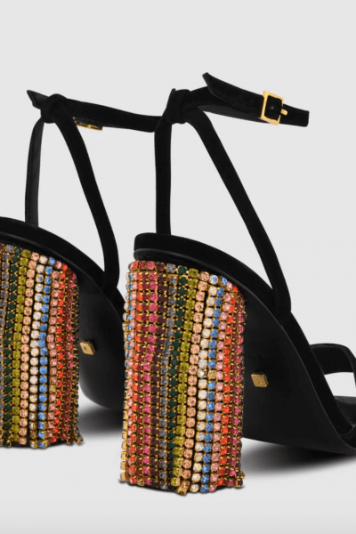 Kat Maconie Olive Sandal Heels with colourful crystals.